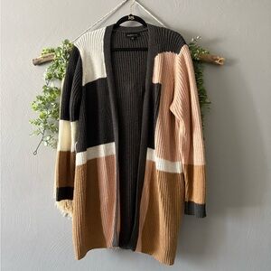 Elegant Color Block Knee Length Open Front Cardigan